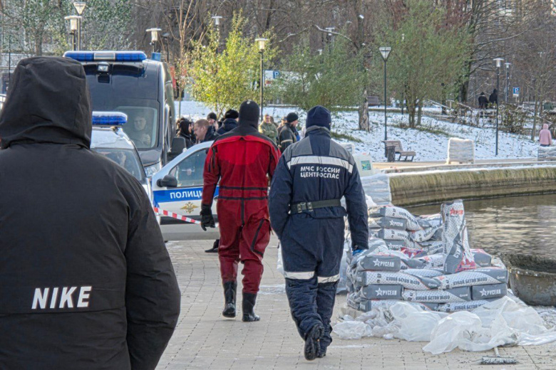 Cотрудники правоохранительных органов на месте происшествия в Гольяновском пруду