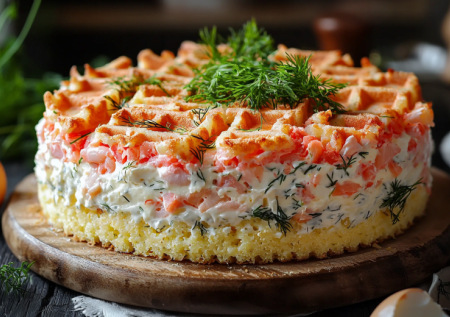 Оливье, давай, до свидания. Вместо него — закусочный торт «Королевский». Нужны крабовые палочки и плавленый сыр