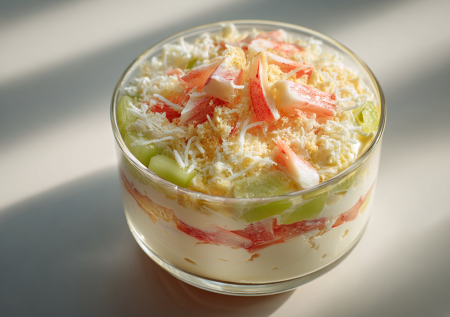 Слоеный салат «Снежная королева» с крабовыми палочками: недорого и вкусно