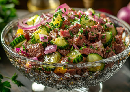 Беру мясо, соленые огурцы, лук — и готовлю салат «Шахтерский»: сытный, без майонеза