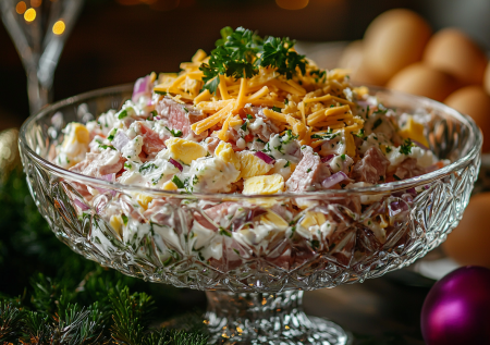 С этим салатом вы не потолстеете за одну новогоднюю ночь: легкий, сытный, со сметанной заправкой