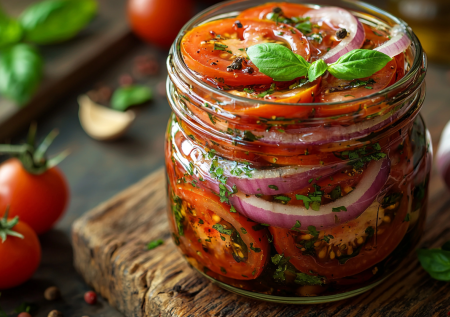 Ели все лето, осень и на Новый год тоже будем готовить: маринованные помидоры с луком — это шедевр. Секрет — в этом медово-соевом маринаде