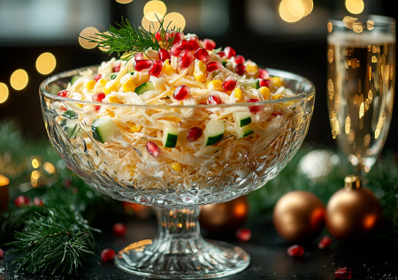 Преображаем салат в «Крабовый по-новогоднему»: из яиц — блинчики, вместо риса — колбасный сыр. Еще 1 секрет, и от салата не оторваться