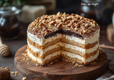Медовик «День и ночь» с орехами — нежнейшие коржи и крем из трех ингредиентов. Получается мягким и очень вкусным