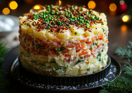 Салат «Новогодняя ночь» со шпротами: слоеная закуска из самых простых продуктов, которая улетает первой