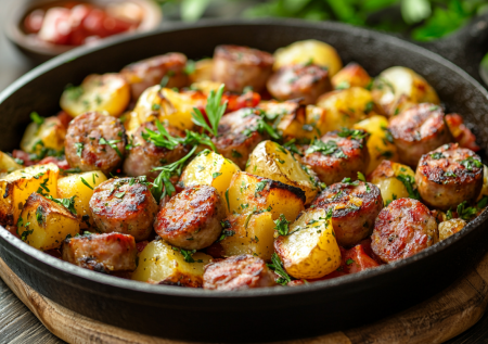 Охотничий горячий салат — простой ужин в одной сковороде за 20 минут: выручает, когда лень готовить сложные блюда