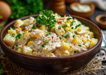 Изысканный салат, который сделает новогодний стол праздничным: нежная курица, сочные ананасы и классические ингредиенты в сочетании вкусов
