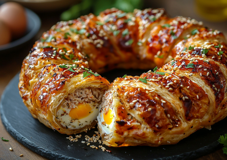 Люблю этот небанальный рецепт за простоту. Праздничное куриное кольцо в слоеном тесте — нужны грудка, сыр и яйца