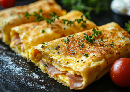 Беру горстку муки, ветчину и немного сыра. Готовлю яичные конвертики — получается вкусно и нежно, а усилий ноль