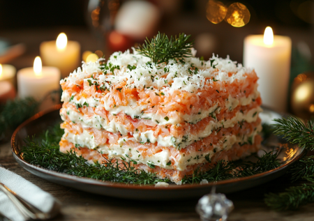 Просто разверните крабовые палочки, сварите яйца — и получите закусочный торт на Новый год