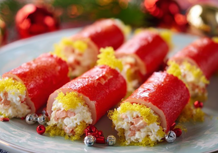 Простая и вкусная закуска из крабовых палочек. Новогодние хлопушки — нужны яйца и плавленый сыр