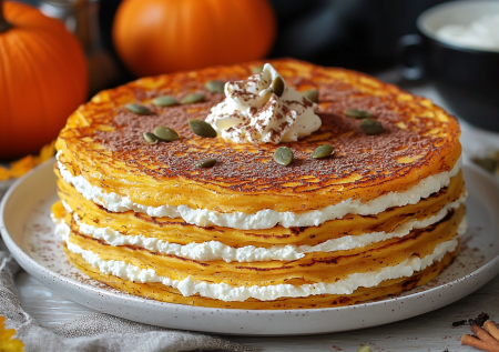 Приготовила раз, теперь делаю каждые выходные. Блинный тыквенный торт с прослойкой из сыра — без выпечки и возни