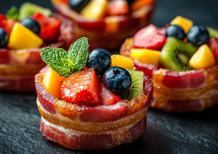 Необычное сочетание для яркого новогоднего стола: хрустящие корзиночки из бекона с сочными фруктами в одном простом рецепте