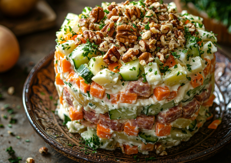 Салат «Шикарный» с сырным слоем с хреном: простые продукты и необычный акцент. Приготовите на Новый год и влюбитесь