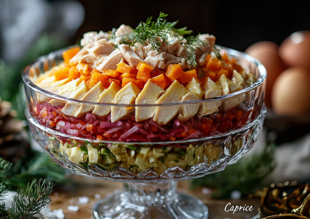 На новогоднем столе ему нет равных. Салат «Каприз» — простой рецепт для праздничных вечеров и дней рождения