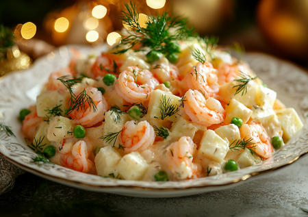 Оливье с креветками — шикарный хит на Новый год: свежий взгляд на классику, который покорит всех. Секрет в соусе