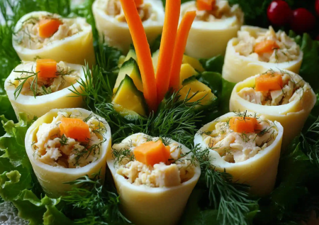 Закуска «Снежные цветы» на Новый год — простой рецепт с пластинками сыра: начинка и подача покорят всех