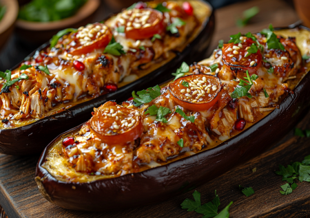 Баклажанные лодочки с курицей в соусе барбекю: шедевр из простых продуктов. Хоть на вкусный ужин, хоть на Новый год
