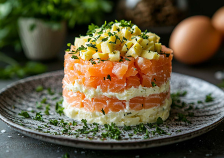 Нежный слоеный салат с рыбой и сливочным соусом: праздничное блюдо с изысканным вкусом, которое украсит новогодний стол