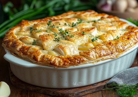 Нарядное новогоднее блюдо с «шапкой» из теста — «Морская жемчужина»: нужны картошка, сливки и имбирь