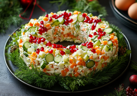 Праздничный и очень красивый салат «Рождественский венок» — и гостей порадует, и стол украсит! Всего 5 ингредиентов и сыр!