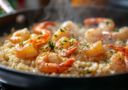 С пловом покончено. Готовлю ризотто «Золотой песок» с креветками — вкусное и необычное блюдо в одном противне
