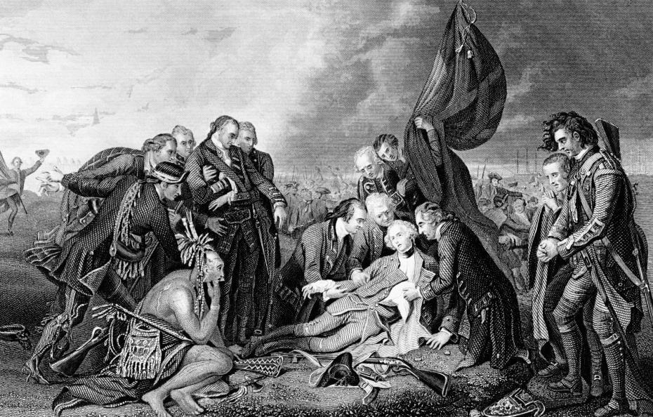 Гравюра на меди XVIII века, 1775 год, «Битва на равнинах Авраама», смерть генерала Вулфа, Бенджамин Уэст, генерал-майор Джеймс П. Вулф, 1727–1759, британский офицер в Войне за независимость США