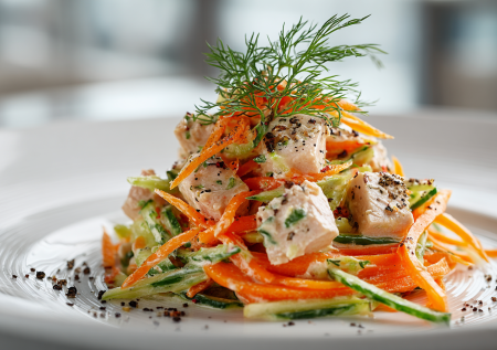 Яркий салат для занятых: копченая курица и соленый огурец