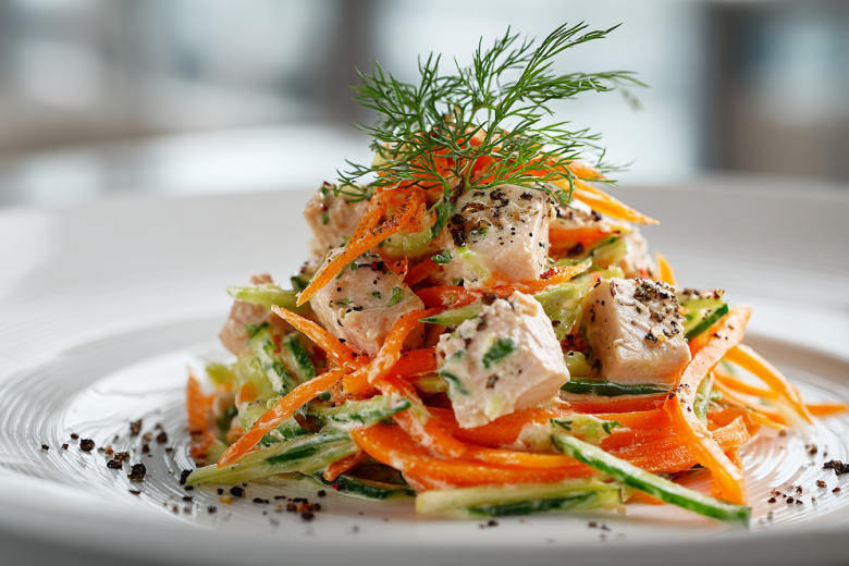 Яркий салат для занятых: копченая курица и соленый огурец