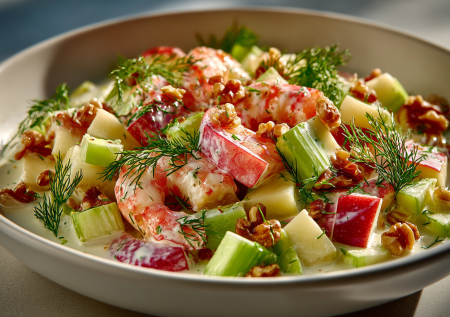 Салат с креветками, яблоком, сельдереем и грецким орехом: хрустящий и свежий