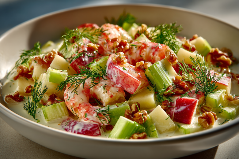 Салат с креветками, яблоком, сельдереем и грецким орехом: хрустящий и свежий