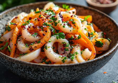 Нежная корейская морковка и кальмар — это сочетание поражает: всего 15 минут для фантастического салата