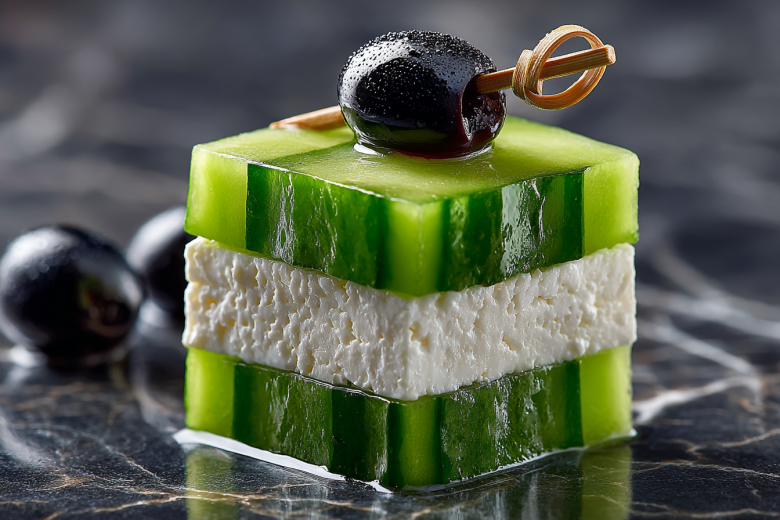 Быстрые и яркие: канапе с брынзой, огурцом и оливками