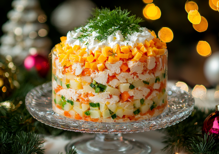 Новогодний салат «Снежность» — праздник на столе: простые ингредиенты, фишка в слое курицы с зеленым луком