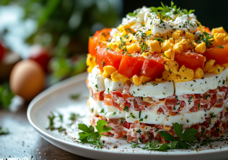 Полосатый салат «Под красное и белое» — готовлю на все праздники и вечеринки: вкусное сочетание выкладывается красно-белыми слоями