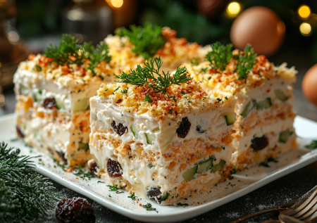 Порционный салат с курицей и черносливом «Сказка»: удобно подавать и накладывать с общего блюда