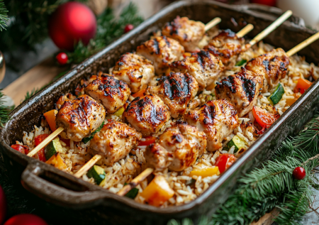 Вкусное и простое горячее на Новый год: готовим куриные шашлычки на рисовой подушке