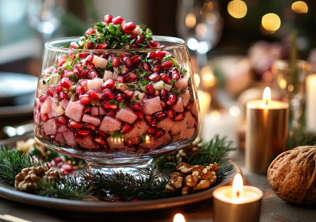 Даже без майонеза можно приготовить отменный салат: сытный «Бархат» с мясом и гранатом