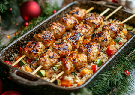 Куриные шашлычки, запеченные с рисом в духовке: полноценное горячее в одном противне