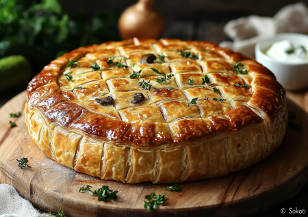 Нарядный новогодний пирог с золотистой шапкой — сокоти по-грузински: нужны курица, грибы и сыр