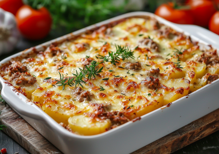 Быстрый ужин из мяса и картофеля — гратен с фаршем и помидорами: сытное горячее в одной форме