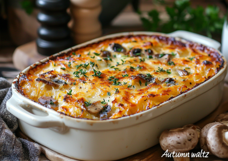 Нарядное блюдо с золотистой сырной шапкой «Осенний вальс»: нужны капуста, грибы и сливки