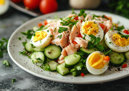 Салат с копченой скумбрией за 10 минут — полезный ужин с омегой-3, готовлю с нереальной горчично-лимонной заправкой