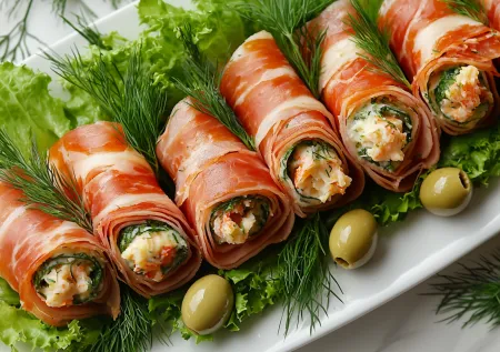 Салаты — скучно! Вместо них — рулетики-подарочки с сулугуни: ветчина, крабовый салат и сюрприз внутри