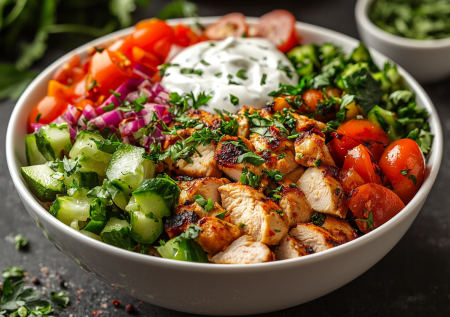 Шаверма-боул с курицей и йогуртовым соусом — полезная альтернатива фастфуду без майонеза и лаваша