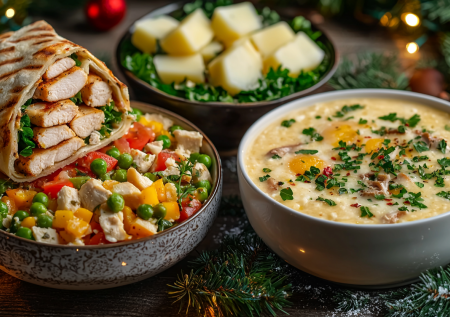 Меню из 3 блюд из 1 копченой грудки на кости: вкусное комбо на день — шаурма, оливье и сырный супчик