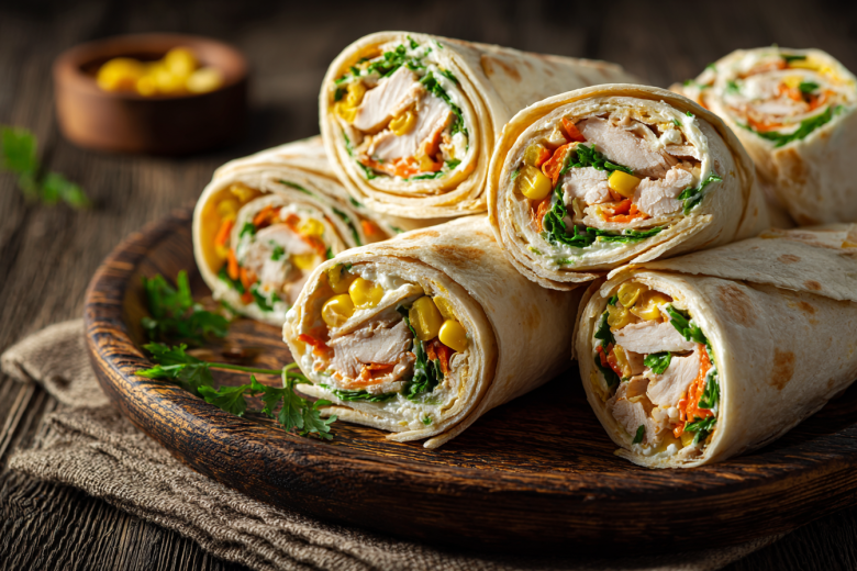 Очень сытно: закуска в лаваше с курицей и кукурузой