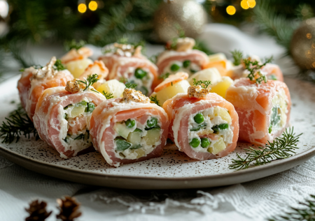 Салат-закуска «Оливье»: новый взгляд на классику — эти рулетики съедаются до последнего