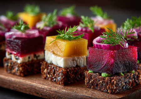 Бюджетно и эффектно: слоеные канапе со свеклой и слабосоленой сельдью