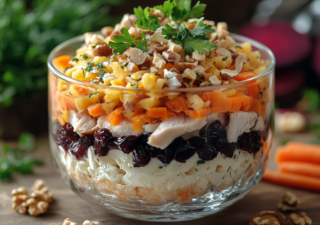 Надоели мимоза и сельдь под шубой? Мой фаворит — «Чингисхан»: слоеный салат с курицей и черносливом